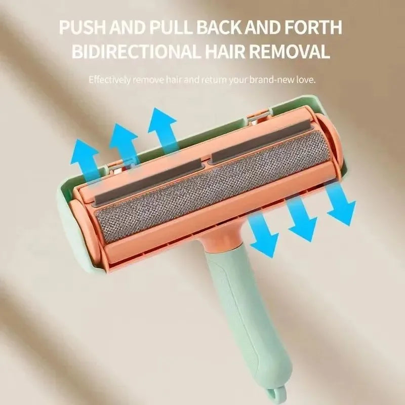 Two-way pet hair remover brush with non-slip handle for clothing, sofa, and bed sheets, in grey or green