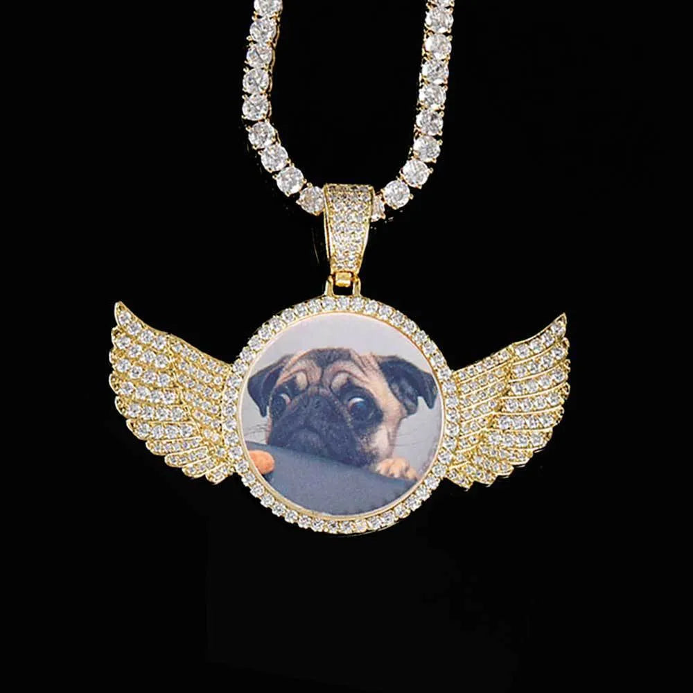 Custom photo angel wings pendant necklace, copper and zircon medallion 68mm x 53mm x 3mm with twist or tennis chain