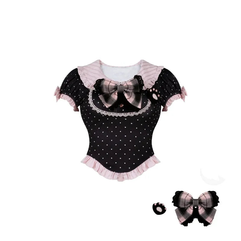 Black polka dot top with suspender skirt and crinoline support, girly dotted three-piece set in sizes S M XS
