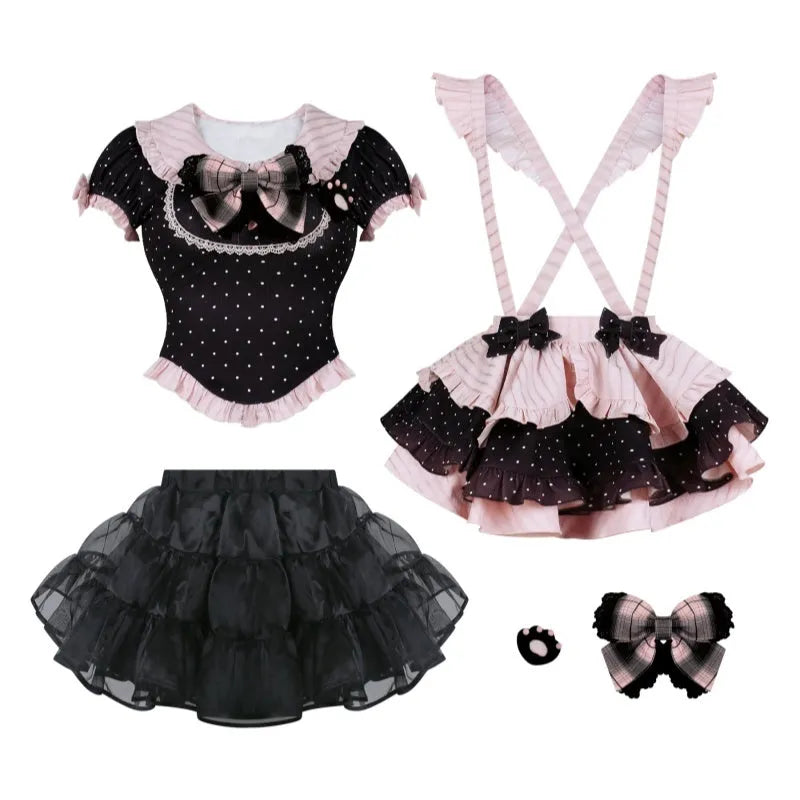 Black polka dot top with suspender skirt and crinoline support, girly dotted three-piece set in sizes S M XS