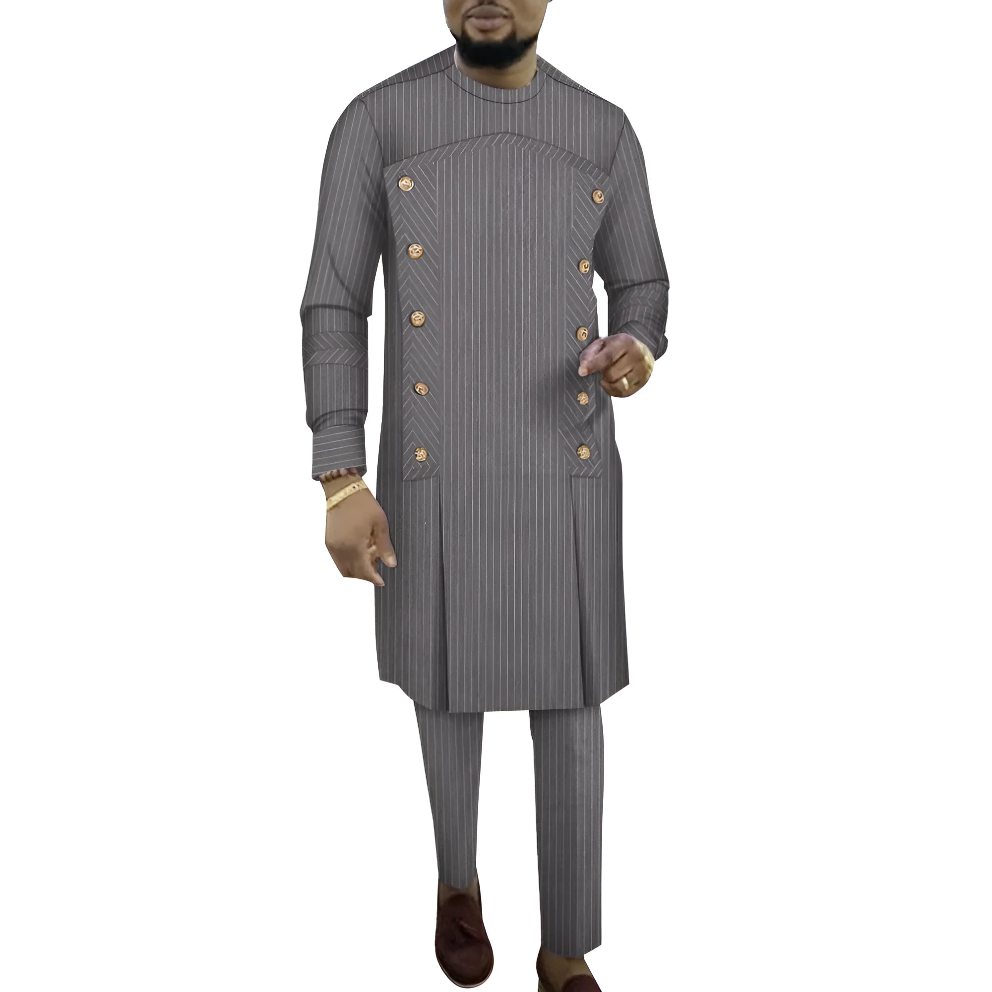 African men's striped robe two-piece set with long sleeve top and matching trousers in cotton fabric