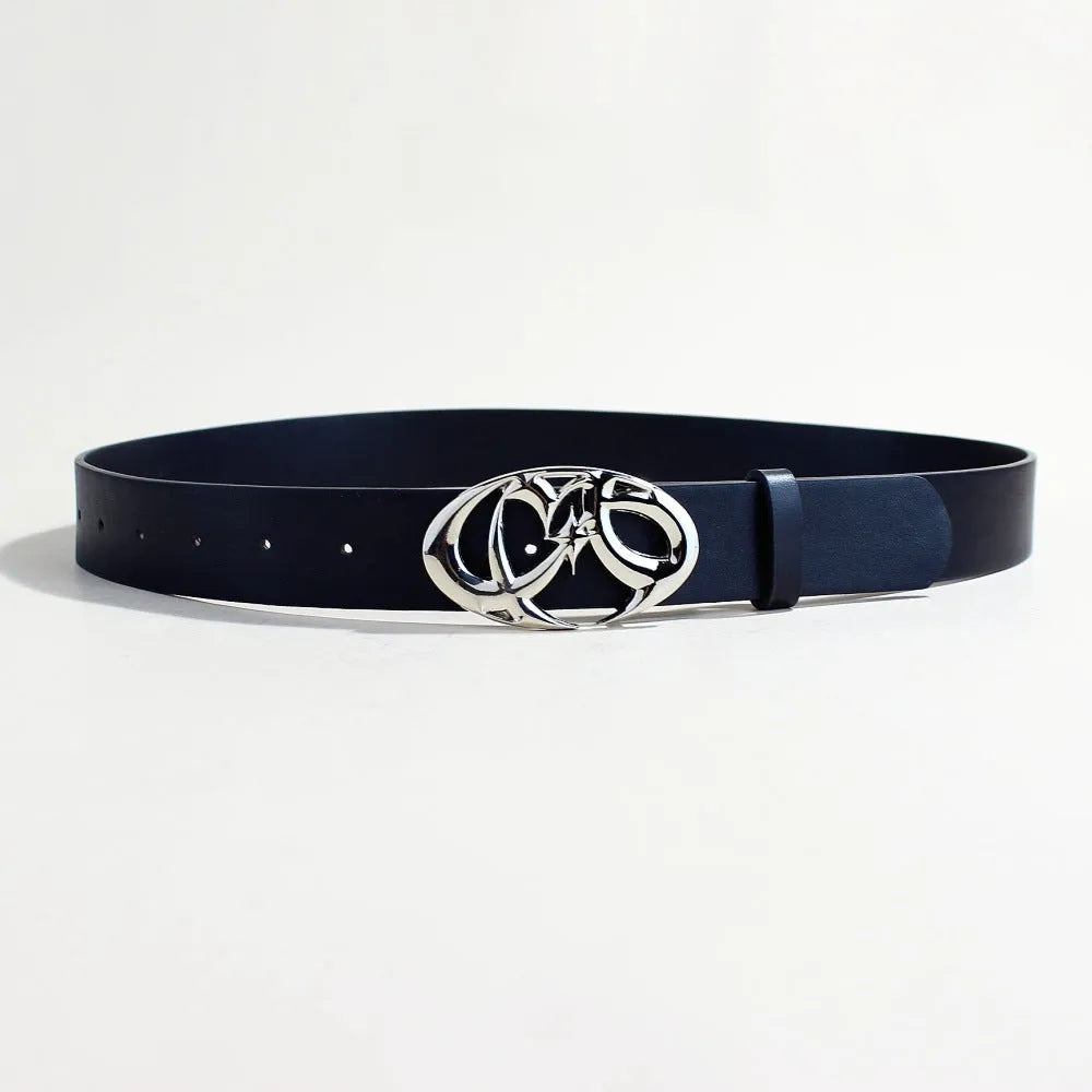 Men's casual silver buckle PU leather belt with snap button fastening.