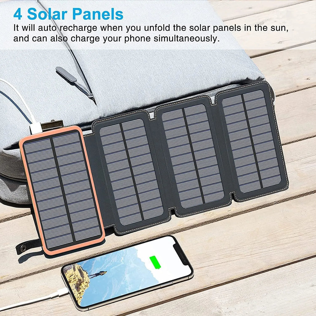 Solar power bank with solar panel showing black, blue, green and orange colour options