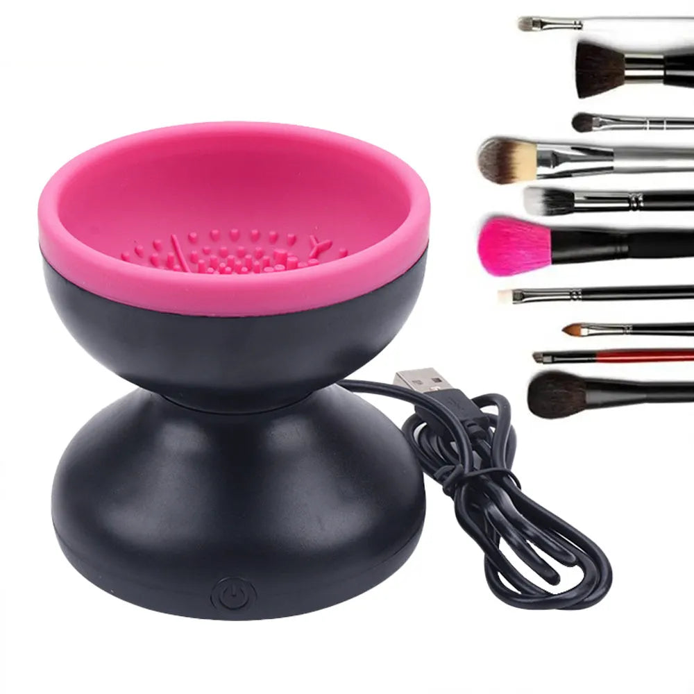 Electric makeup brush cleaner machine in white powder with silicone container and 80r/min motor, 9-8.8cm size