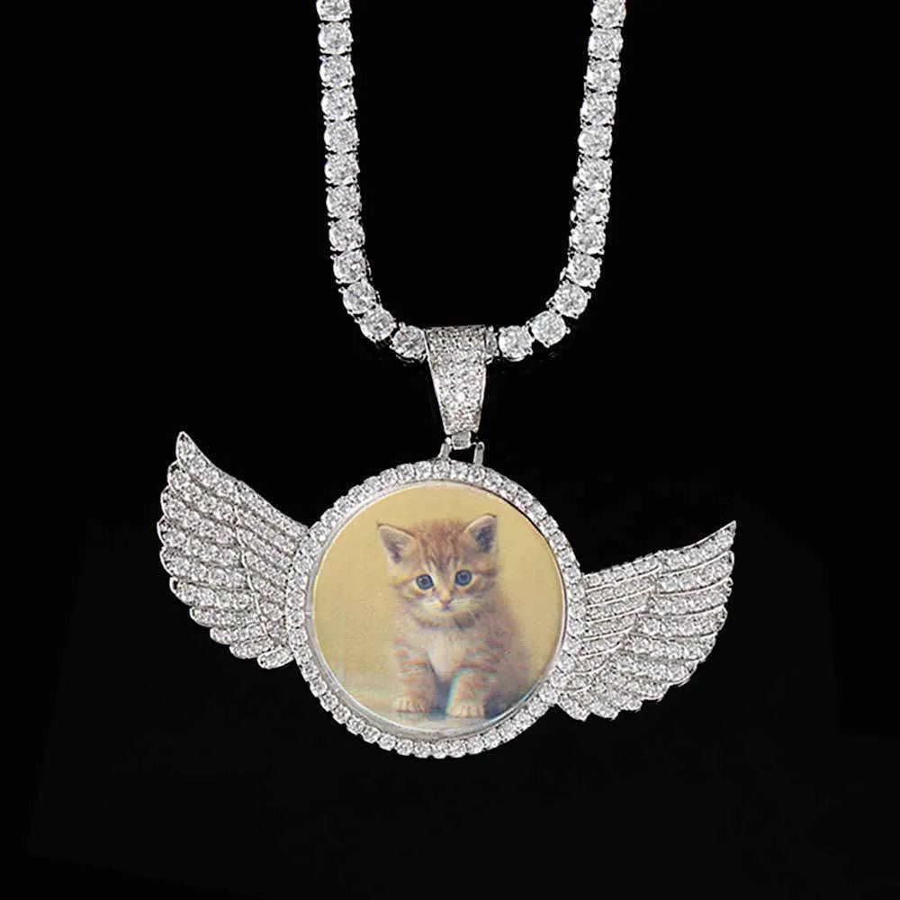 Custom photo angel wings pendant necklace, copper and zircon medallion 68mm x 53mm x 3mm with twist or tennis chain