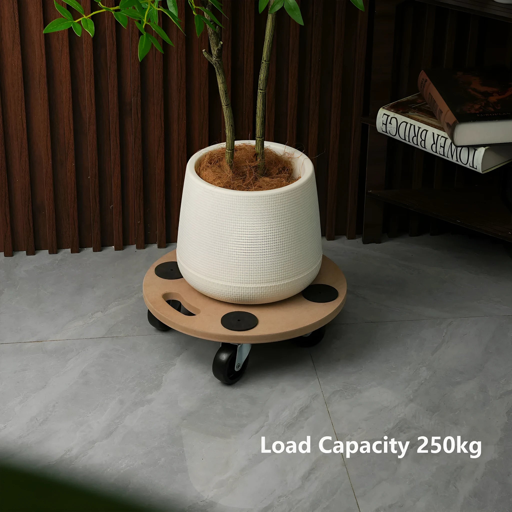 Two natural wood mover trolleys with wheels and a non-slip platform surface.