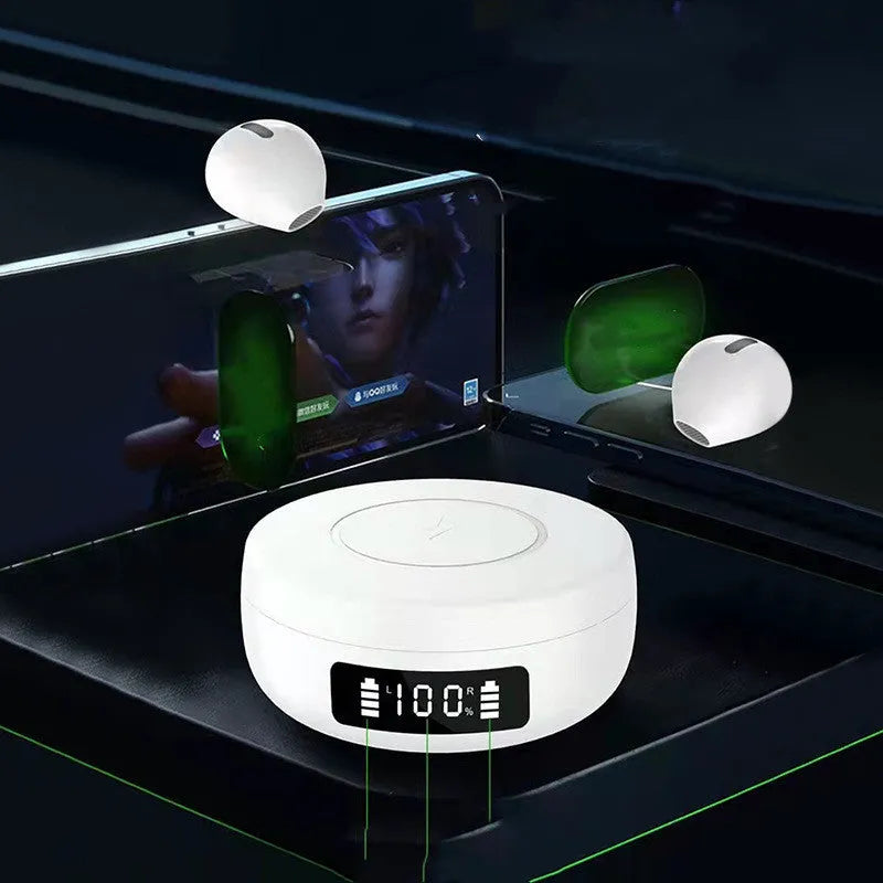 Black semi-in-ear wireless Bluetooth headphones and charging case on a white background