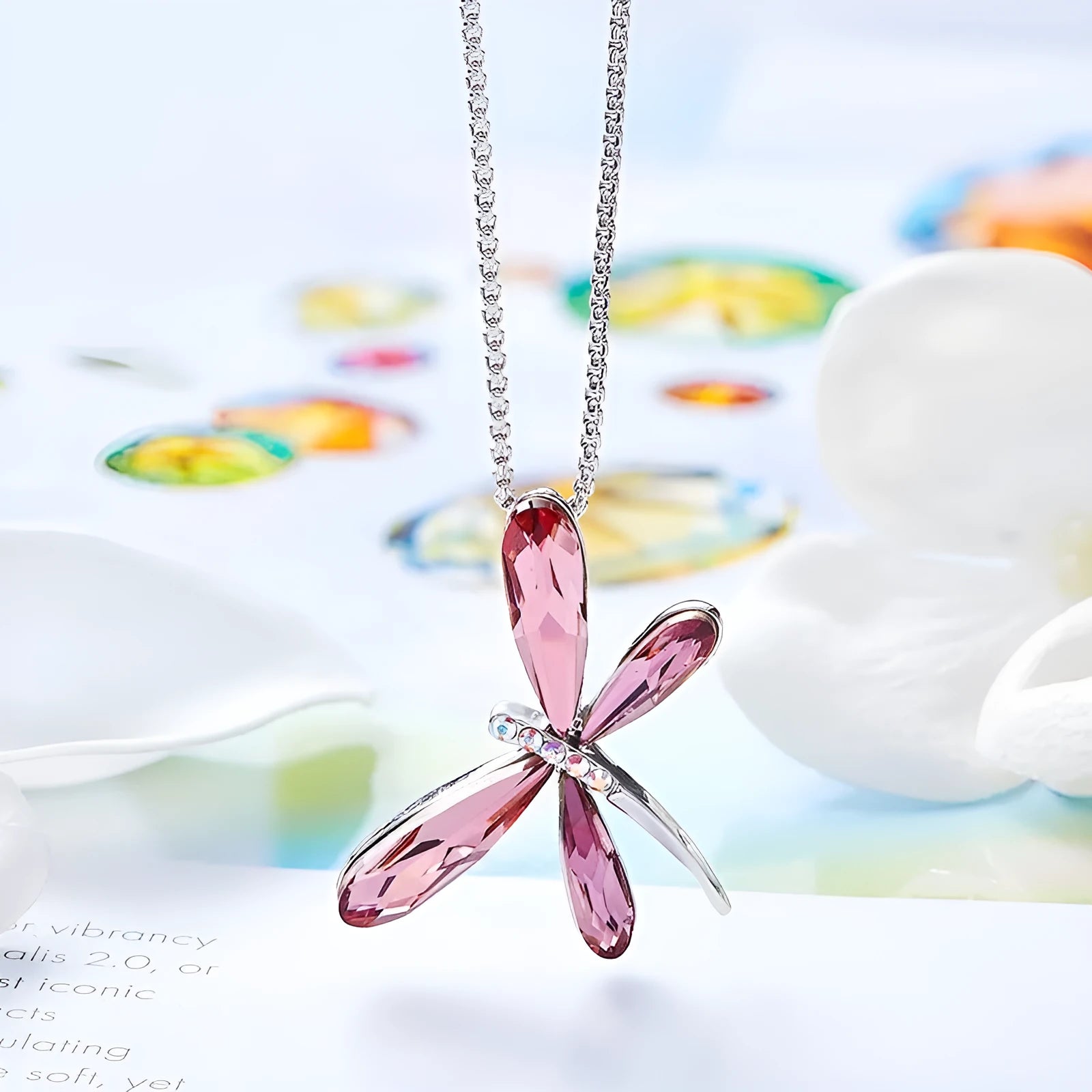 Crystal dragonfly pendant necklace on copper box chain, adjustable 21-50cm, available in denim blue colour option