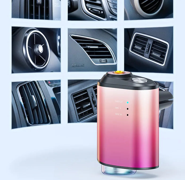 Black car aromatherapy smart fragrance diffuser with ocean scent bottle next to it