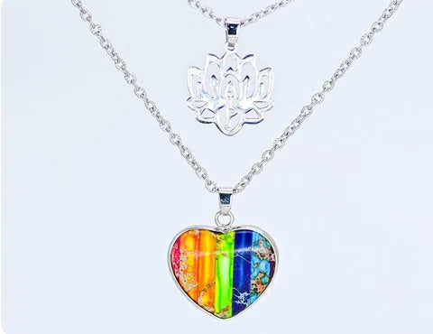Seven-colour natural stone heart-shaped lotus pendant on a silver-toned double-layer necklace with stone beads