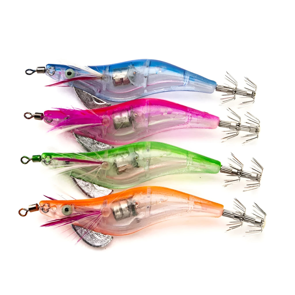 10cm electronic shrimp mino hard bait with 2.5# hooks, 3D eyes, and four colour options for sea rod fishing