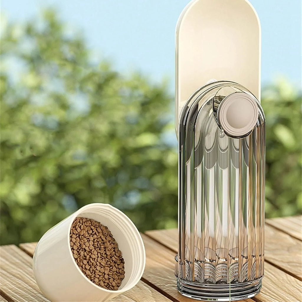Beige foldable dog water bottle and food dispenser with press mechanism, shown next to a green version.