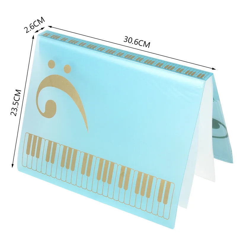 A4 black piano music folder with transparent plastic inserts for holding sheet music.