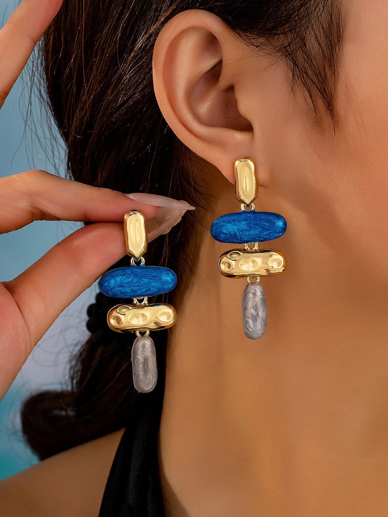 Geometric zinc alloy stud earrings with electroplated finish in multiple colours