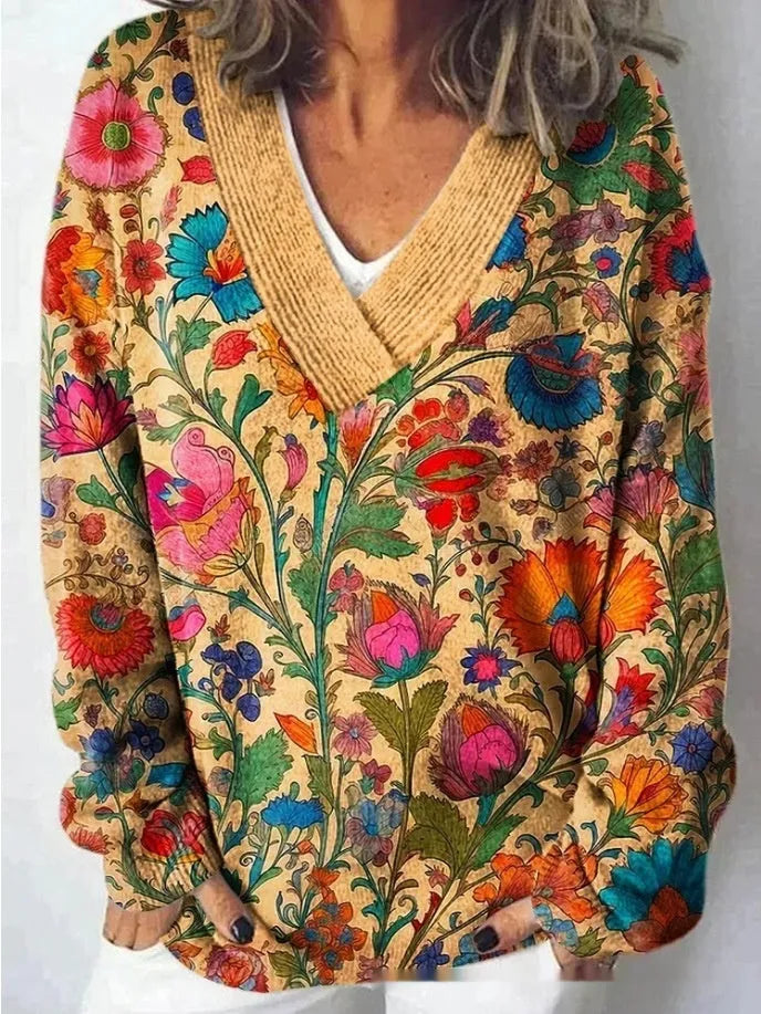 Women's v-neck long sleeve sweatshirt with a raised 3D floral pattern print in multiple colour options