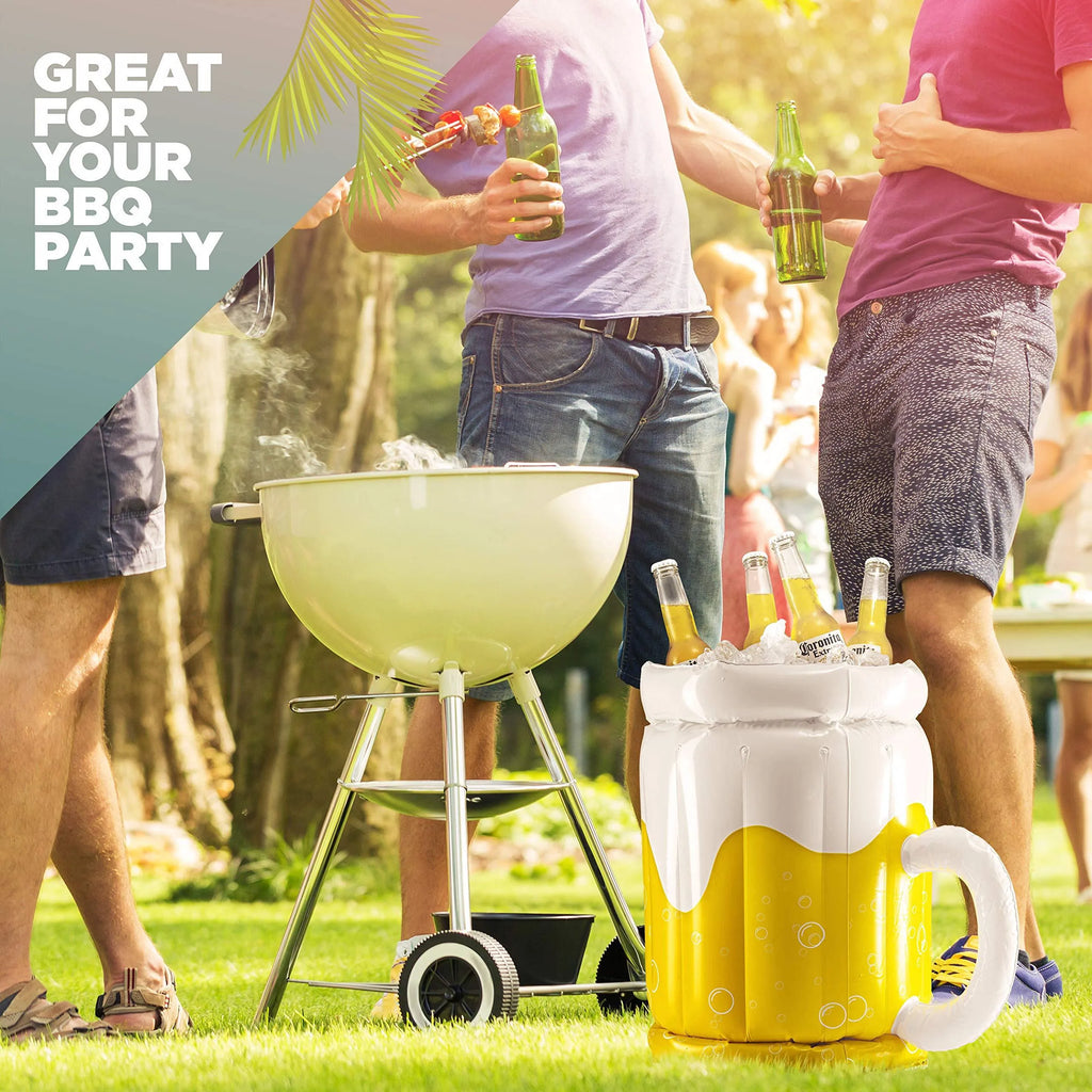 Yellow inflatable beer mug cooler floating in pool with drinks inside