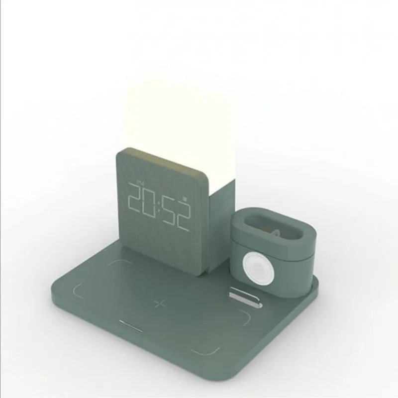 Dark green foldable Qi wireless charger stand with LED clock display charging a smartphone