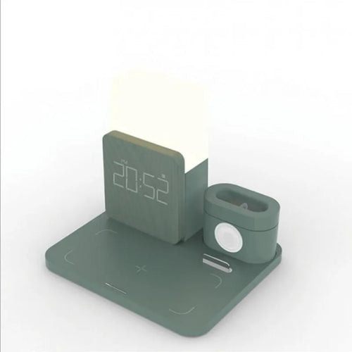 Dark green foldable Qi wireless charger stand with LED clock display charging a smartphone