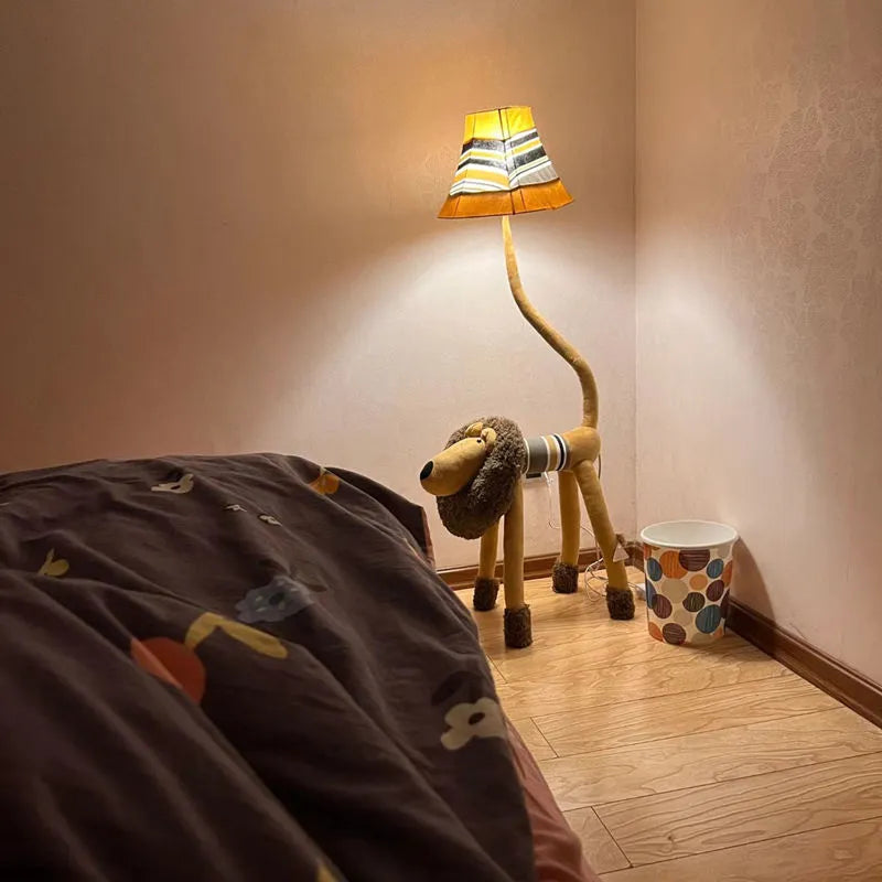 Cartoon floor lamp for children with hand-knitted cloth shade and iron stand in Lion style