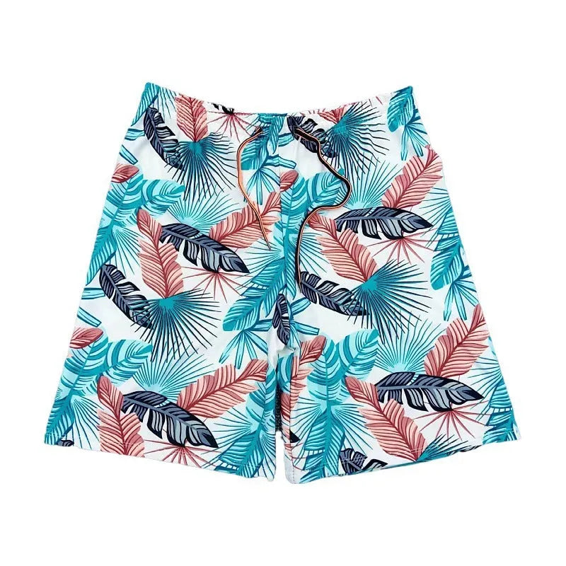 Men's blue leaf pattern cropped swimming trunks with polyester spandex fabric