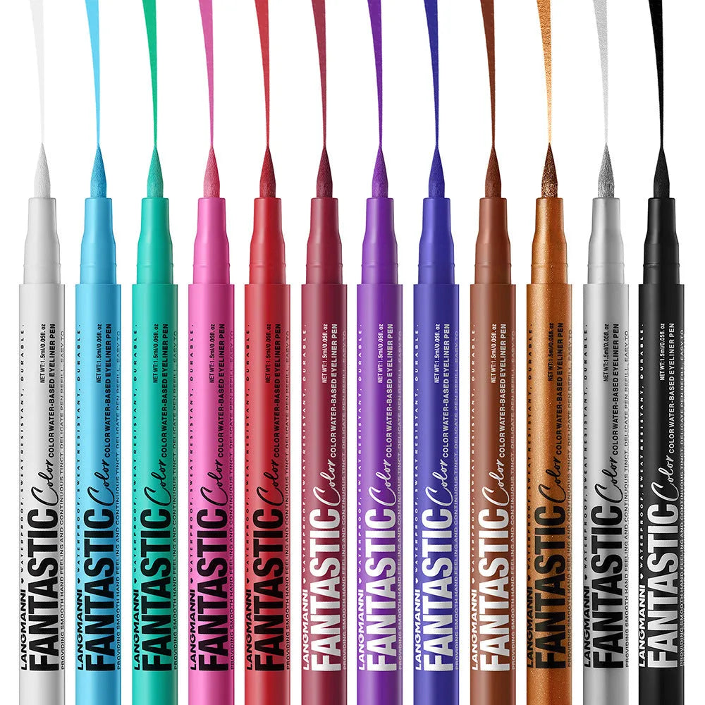 Twelve matte liquid eyeliners in different colours including white, gold, purple, brown, blue, and iron gray