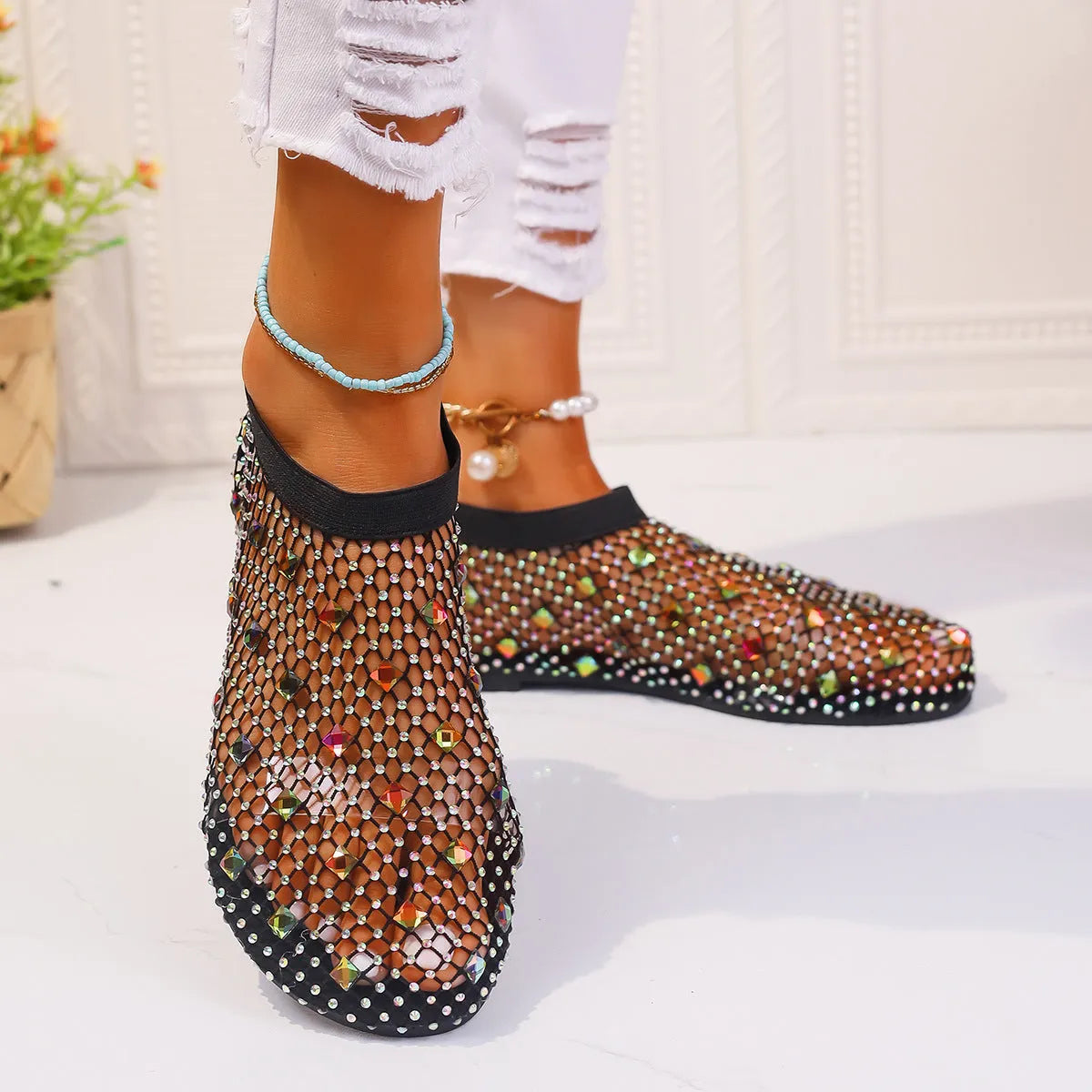 Women's colourful rhinestone mesh flat sandals with round toe and rubber sole