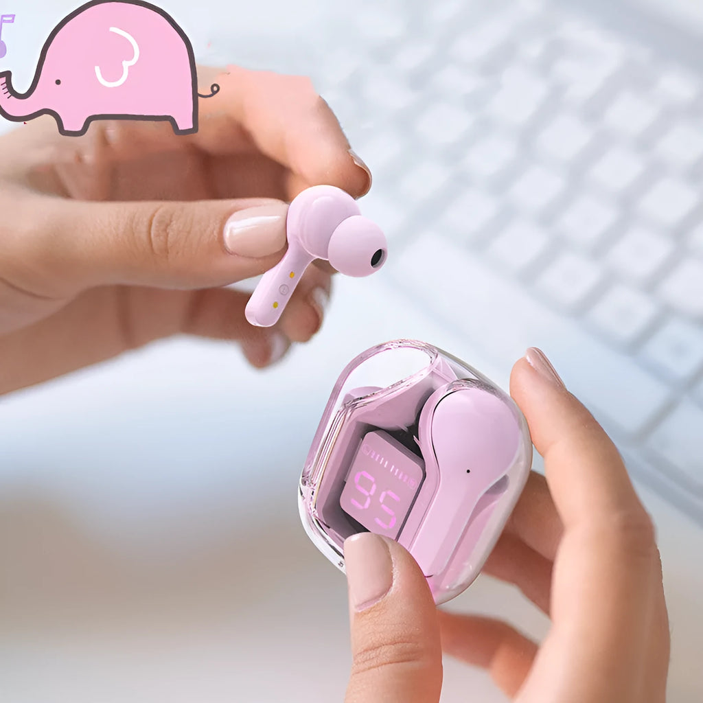 Wireless Bluetooth headphones with LED battery display in pink, grey, blue, green colours with silicone case