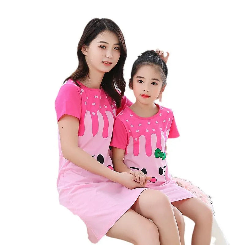 Children's purified cotton short sleeve nightdress for girls, summer sweet cartoon print, pink strawberry colour, size 120cm