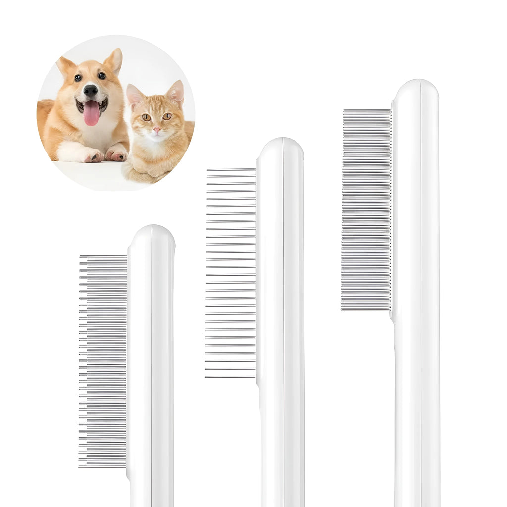 Green and white stainless steel cat combs with rounded teeth for gentle pet grooming