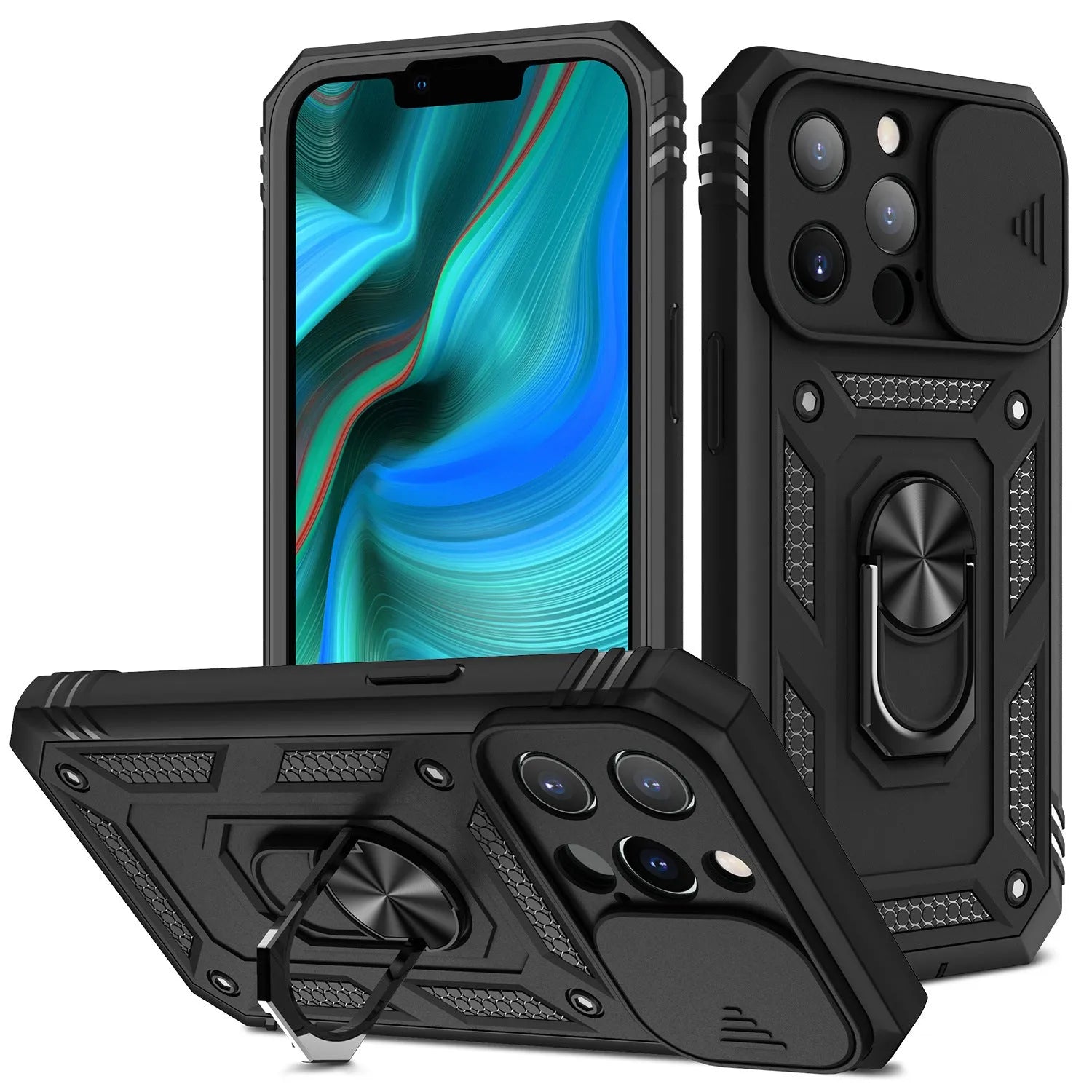 Magnetic iPhone case with sliding window bracket in sapphire blue and grey green colour options