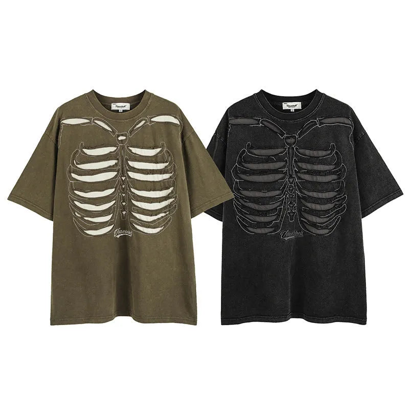 Black loose fit cotton t-shirt with a skull and letter graphic print, drop shoulder sleeves.
