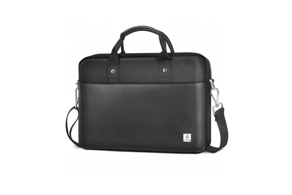 Black oxford cloth multi-pocket laptop handbag shown open, revealing separate padded computer layer and internal organisers.