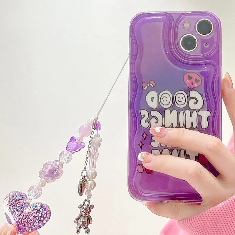 Purple graffiti English love design mobile phone case with integrated chain bracelet for iPhone
