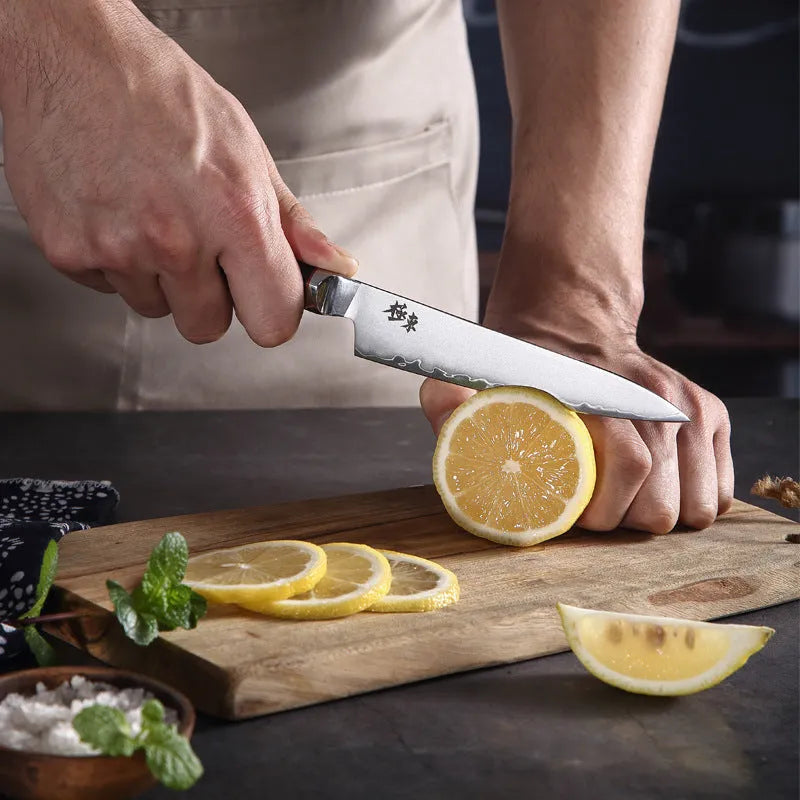 Sanhe Steel AUS-10 stainless steel Japanese-style kitchen knife with 8-inch blade on cutting board