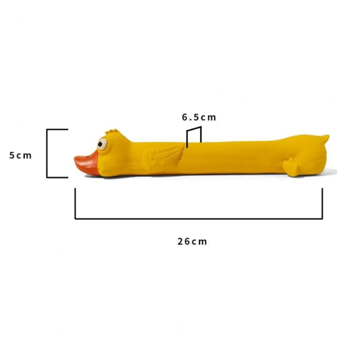Yellow duck latex dog toy, 26cm long, with built-in squeak sounder for chewing and play