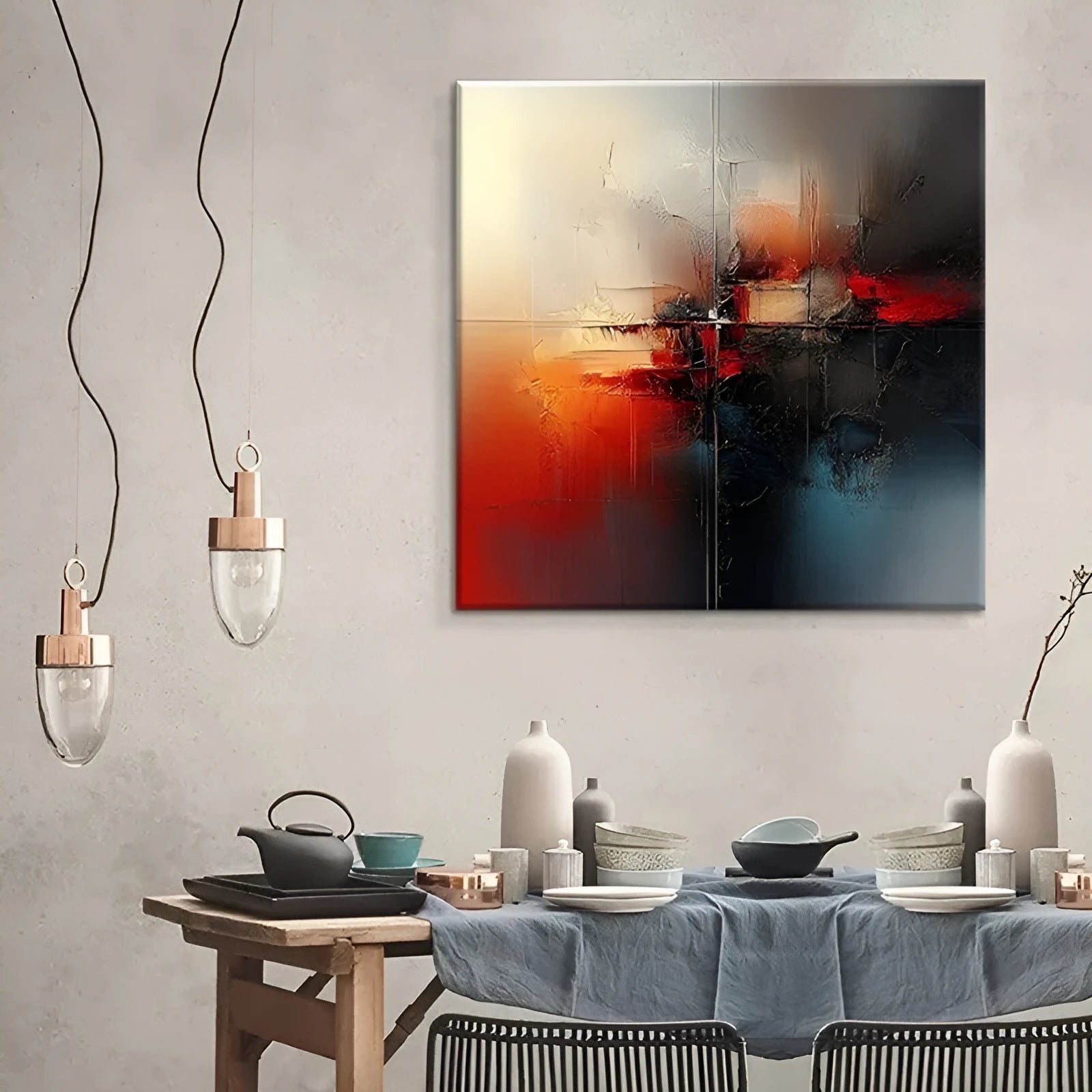 Handmade abstract oil painting on canvas in red tones, frameless rolled wall art for home decor
