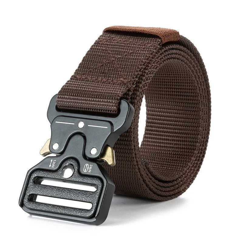 Men's tactical canvas belt with alloy release buckle showing black colour option
