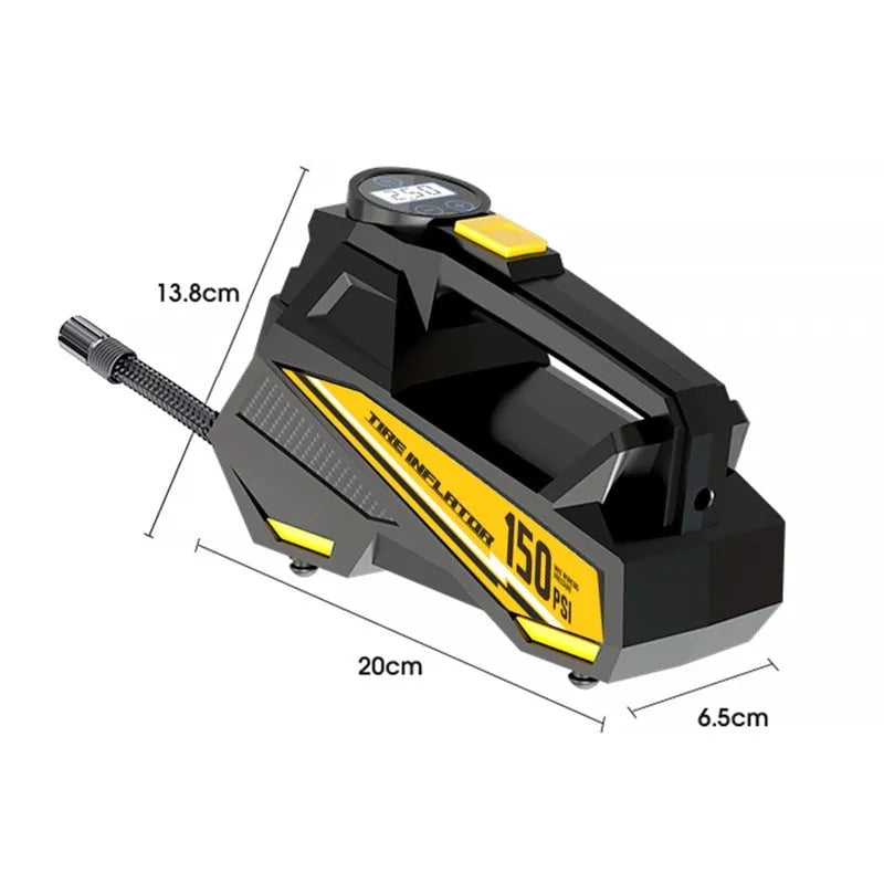 Black vehicle-mounted portable tyre inflator with digital display and LED light on a 12V plug.
