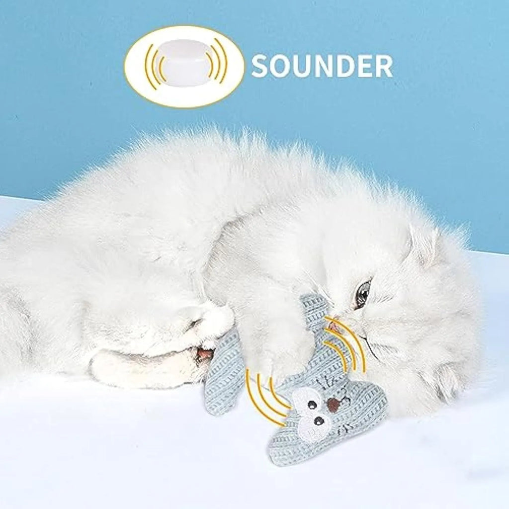 Cyan and light coffee plush cat toy with rope, containing catnip and a bell