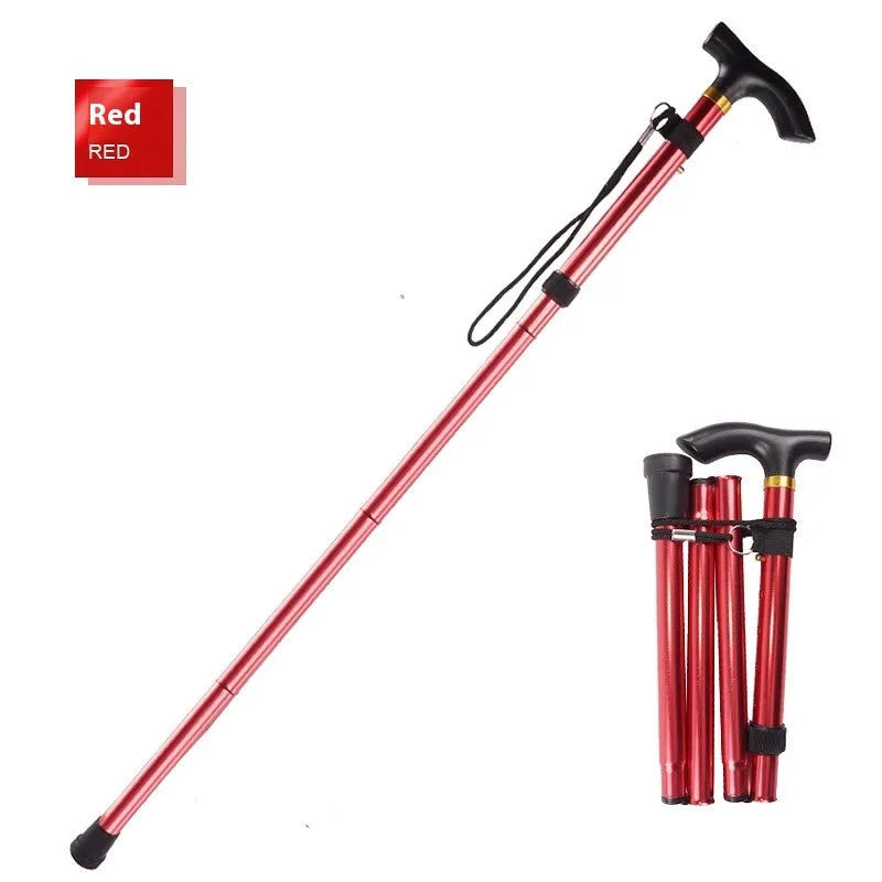Aluminium alloy folding walking stick extended to show adjustable height and non-slip tip.