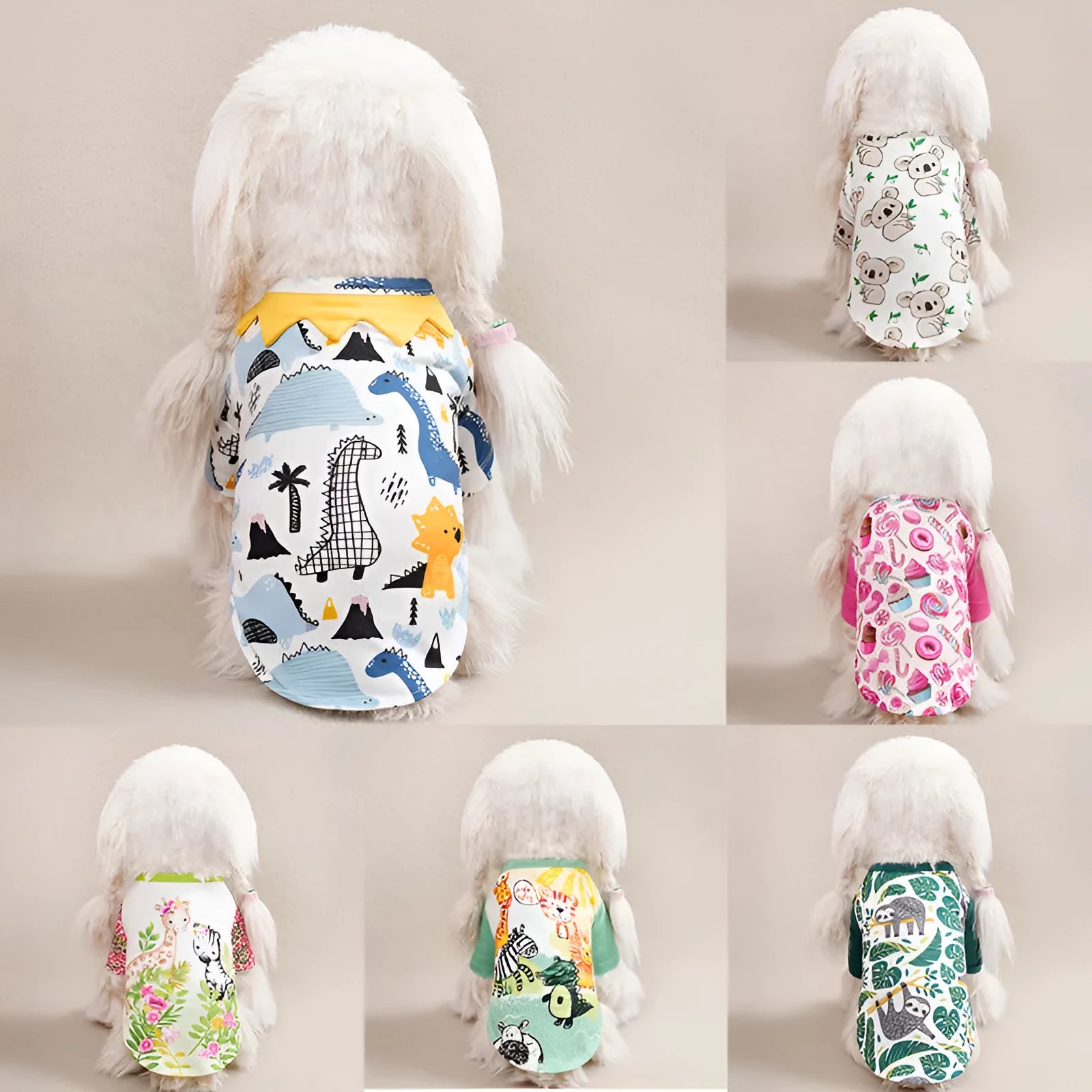 A small dog wearing a colourful, printed polyester t-shirt, showing the full chest design and fit.