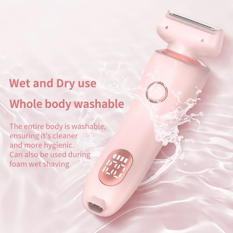 2 in 1 electric shaver for women, pink or blue, USB rechargeable, IPX7 waterproof, with square foil and round rotating heads.