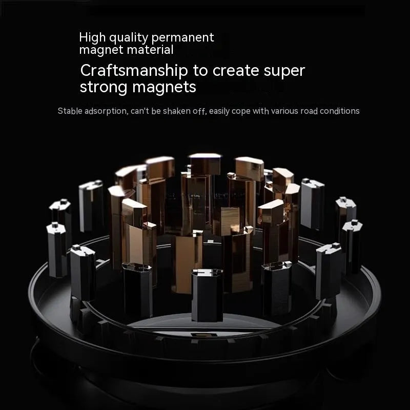 All-metal magnetic car phone mount in Qian colour, shown folded and unfolded on a car dashboard.