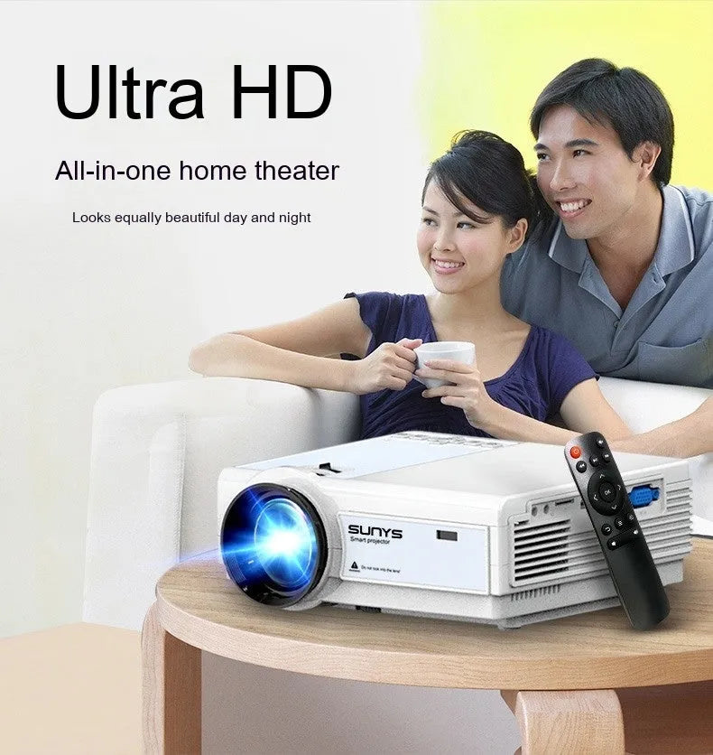 Portable HD 1080p projector in white with remote control, placed on a tabletop