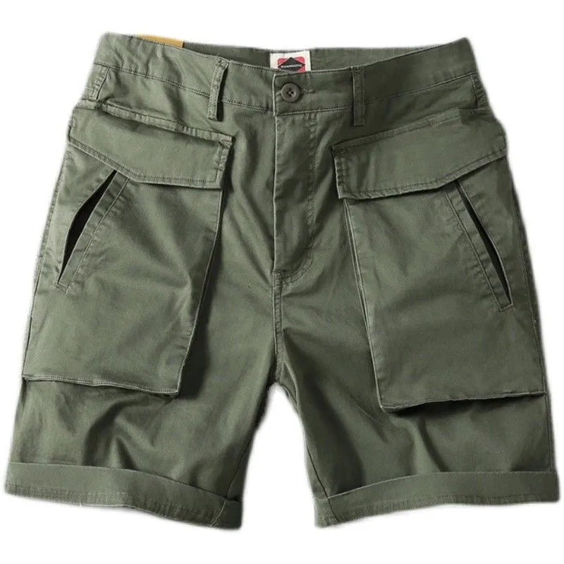 Men's stretch cotton cargo shorts in army green colour showing multiple pockets and straight-leg fit.