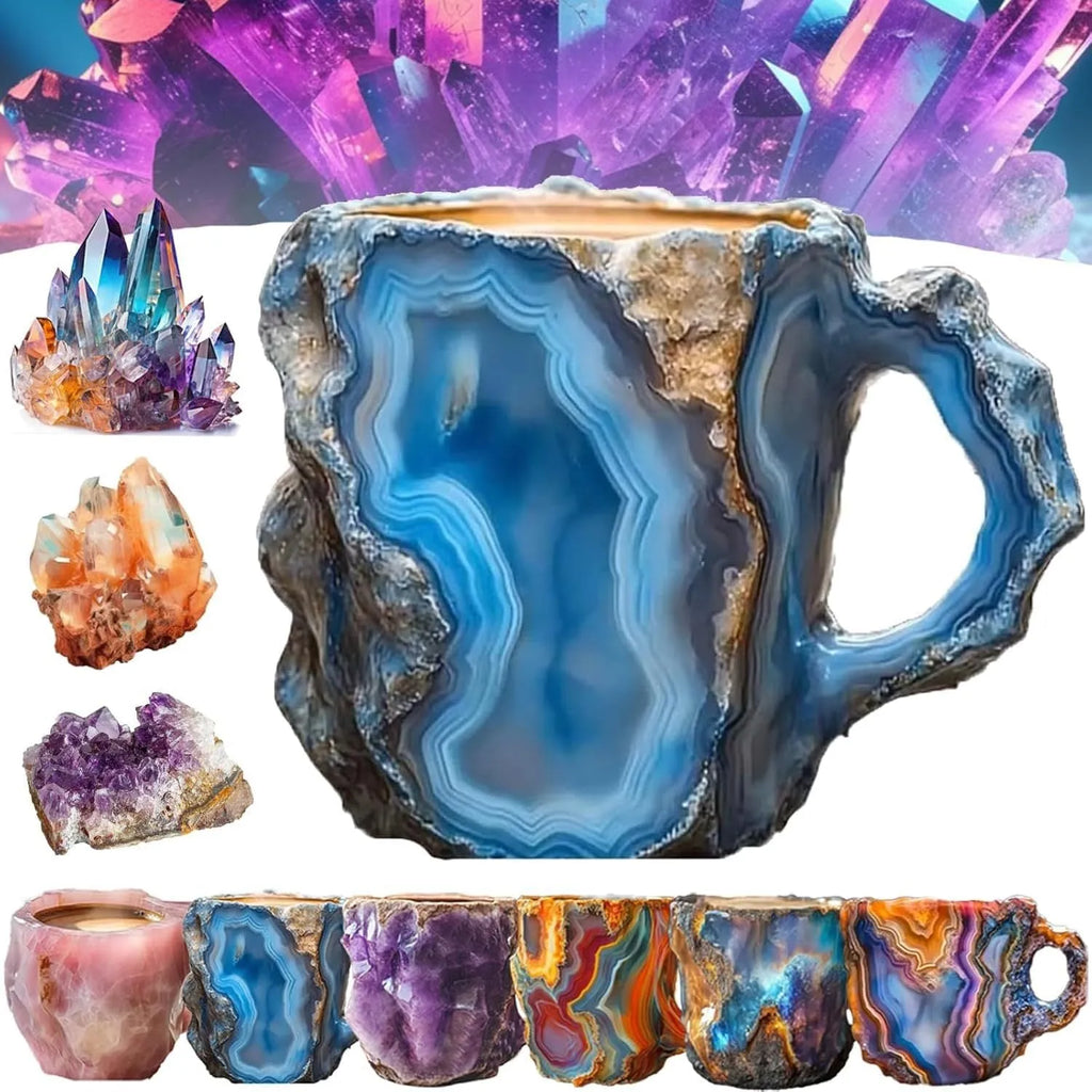 400ml resin mineral crystal coffee mug with handle, 10cm high, purple colour, on a table