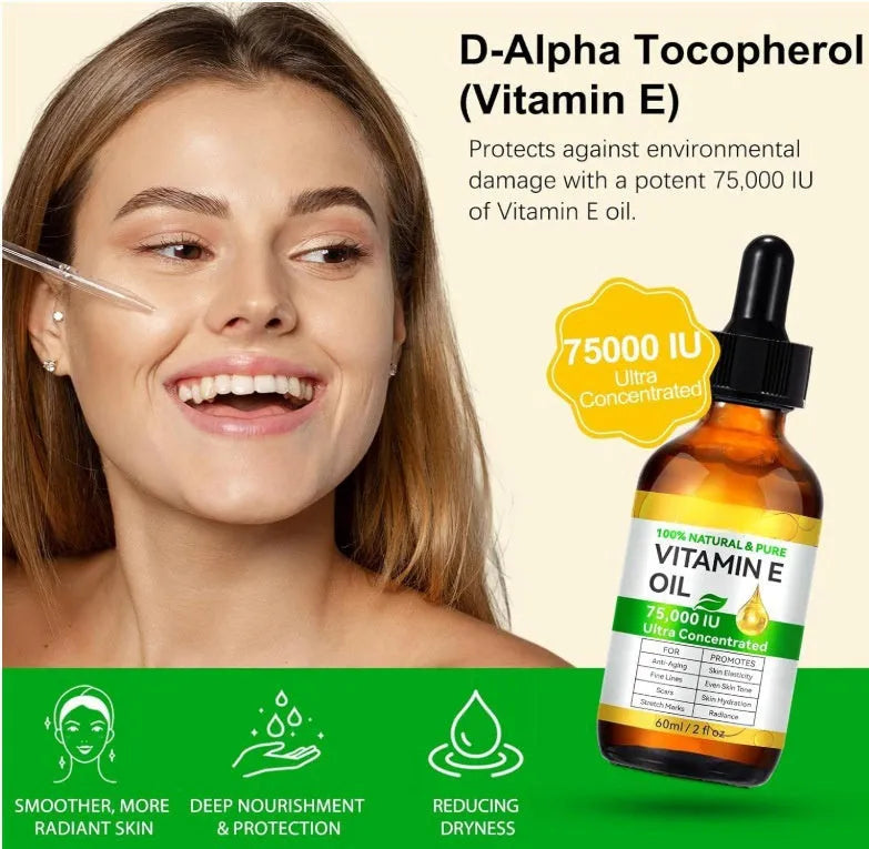 Vitamin E oil 60ml bottle for skincare moisturising, plain label, white cap
