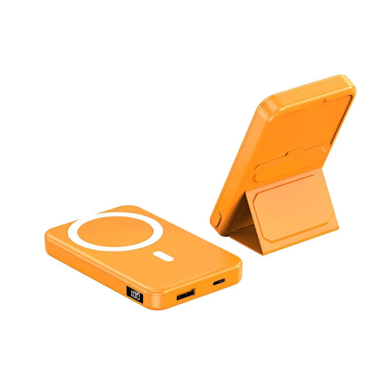 Magnetic wireless charging power bank with folding stand open, showing colour options.