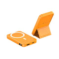 Magnetic wireless charging power bank with folding stand open, showing colour options.