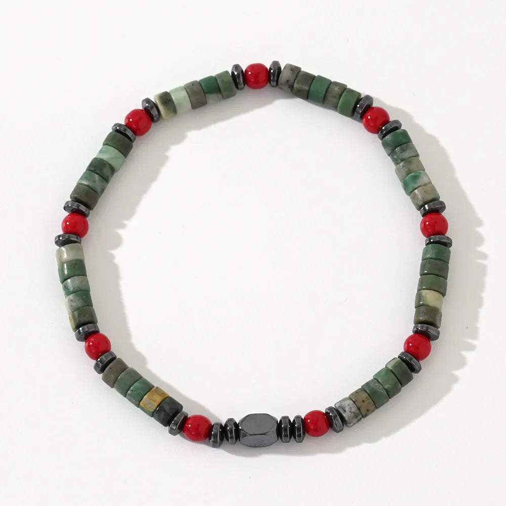 Bohemian style bracelet with cylindrical natural stone beads on an adjustable string for men.